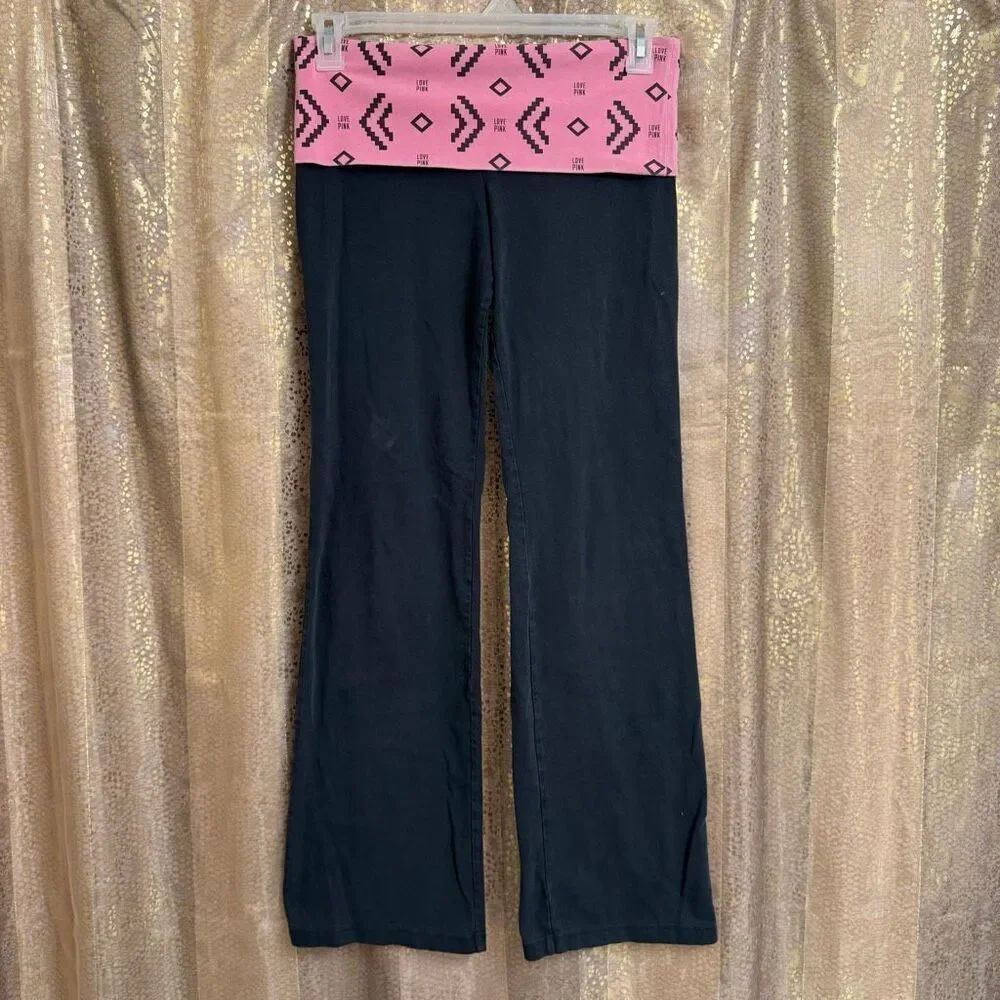 Victorias Secret Y2K 2000s Vintage Pink Black Foldover Flare Leggings Medium